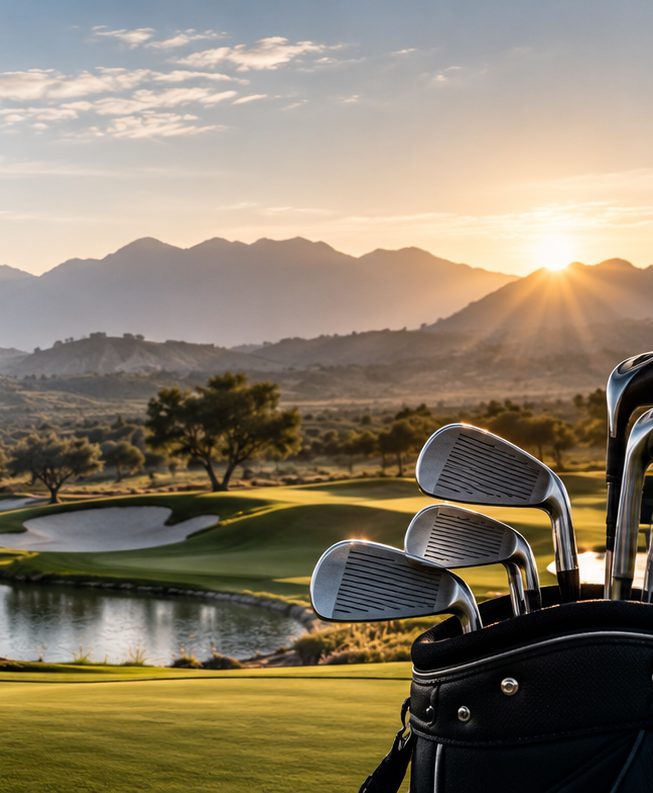 Palos de golf en su bolsa frente a un campo de golf al atardecer